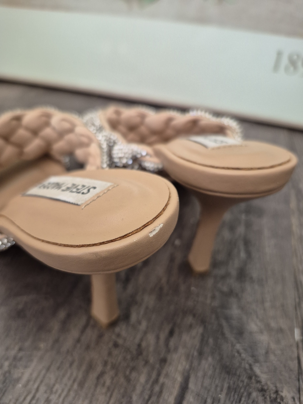 Steve Madden Beige Braided Crystal Strap Slide Heels - Picture 6 of 12